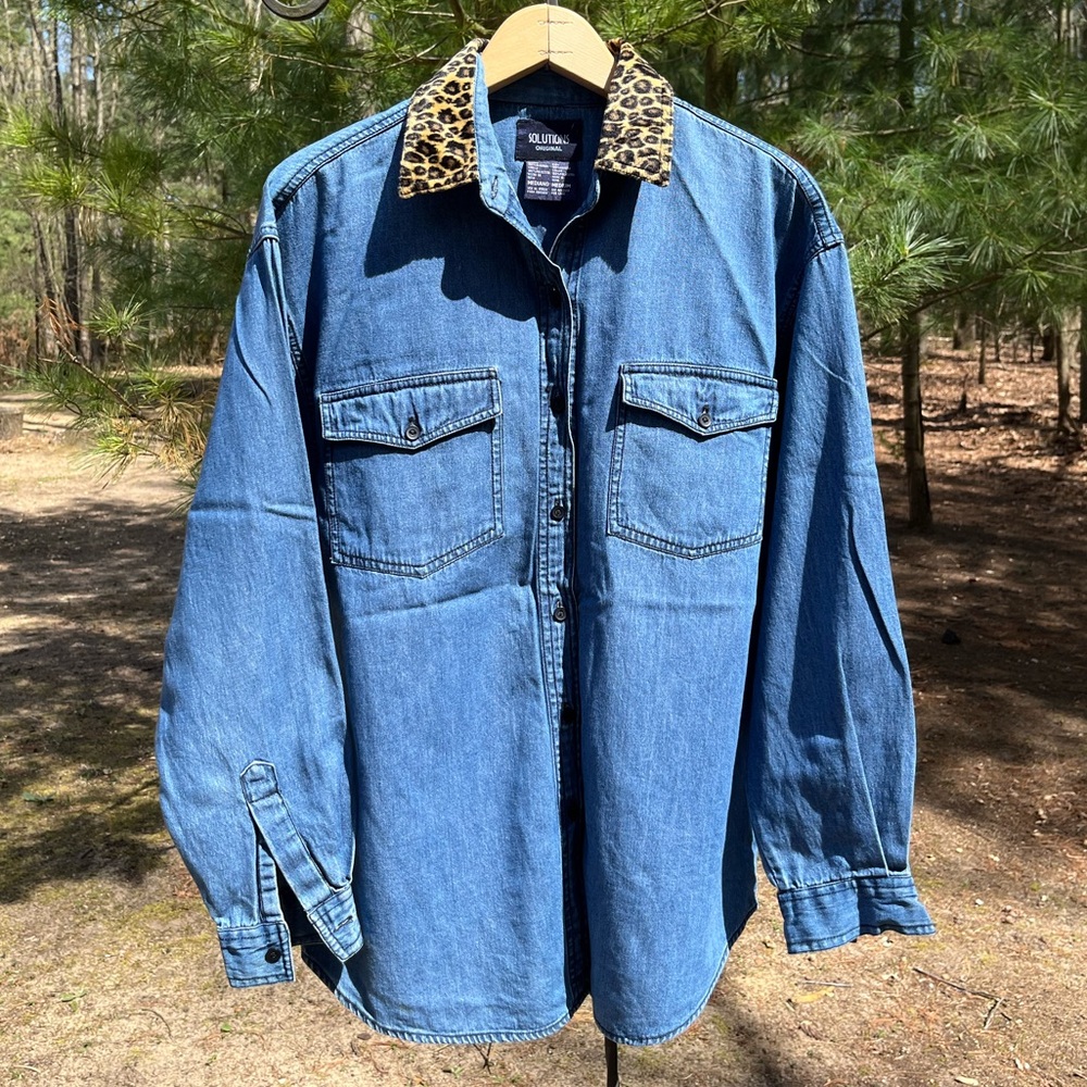 90s Solutions Denim Button-Up Shirt Leopard Collar Animal Print Funky - Picture 13 of 13